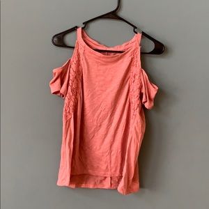 Pink lace side cut out shoulder shirt